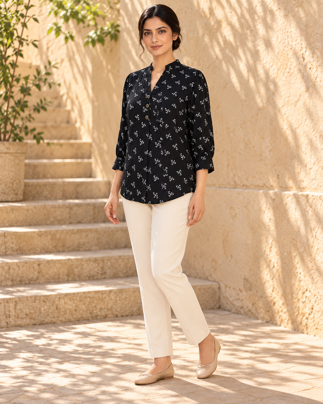 Ease Pleated Top - Midnight Bloom
