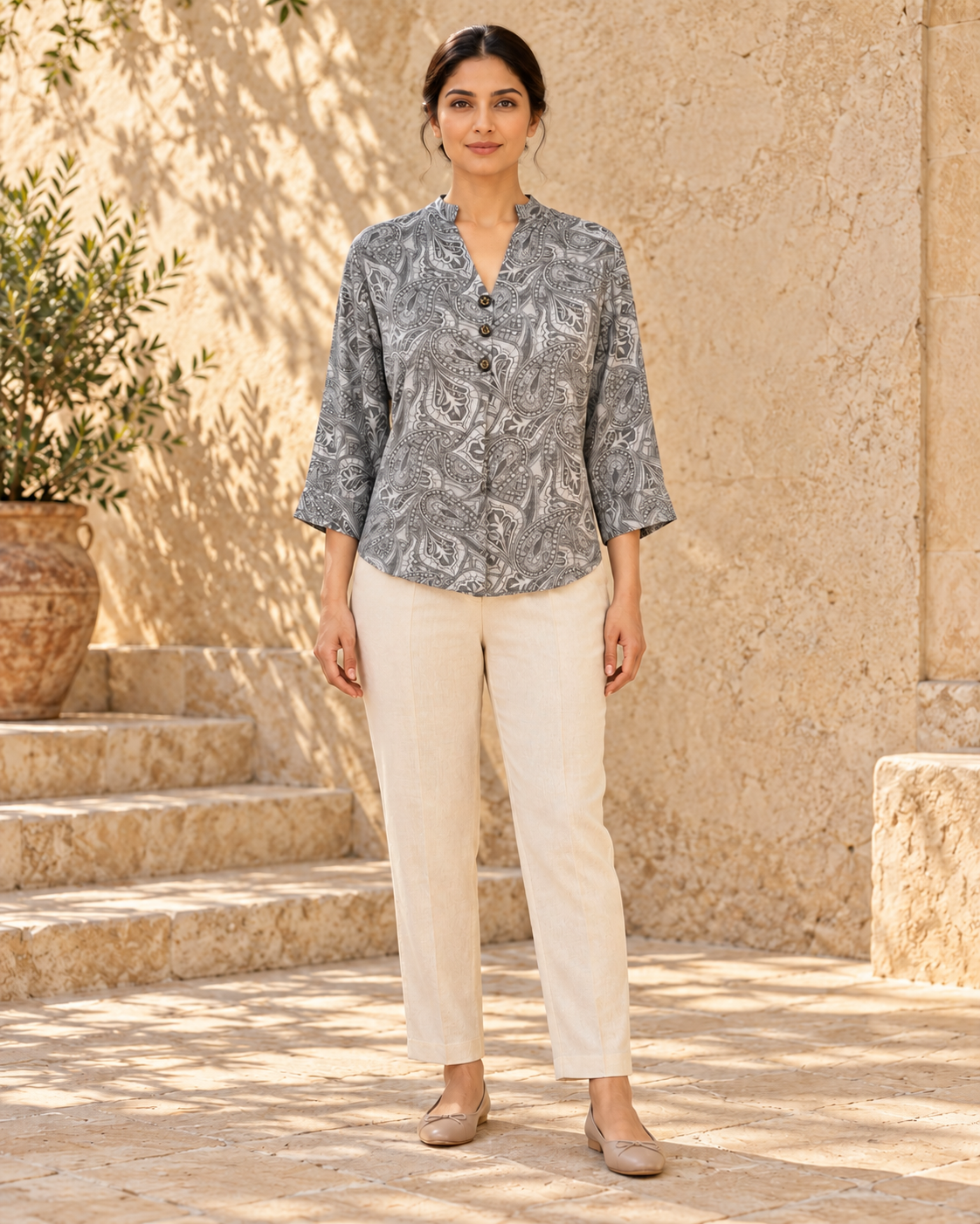 Ease Pleated Top - Charcoal Paisley