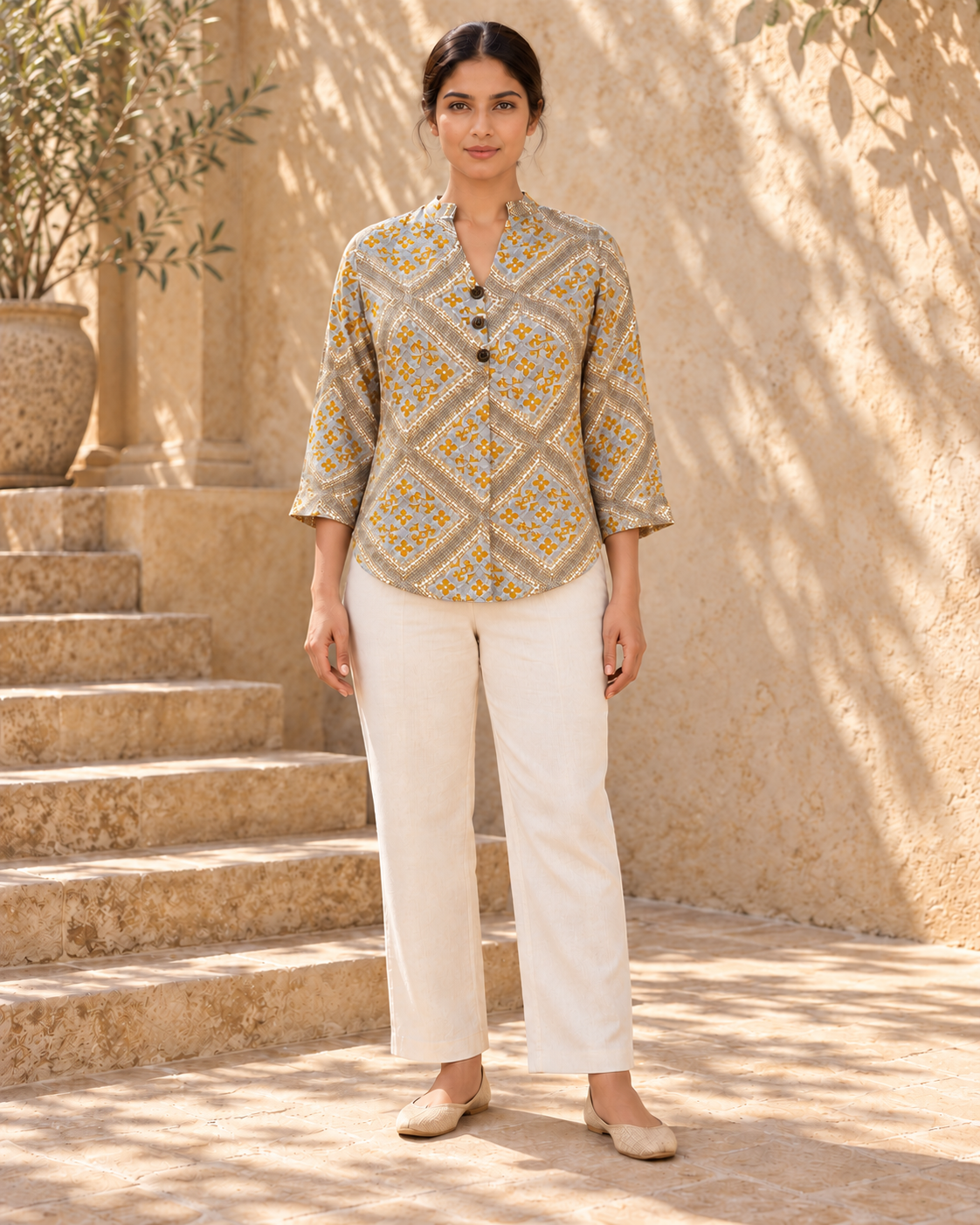 Ease Pleated Top - Ochre Mosaic