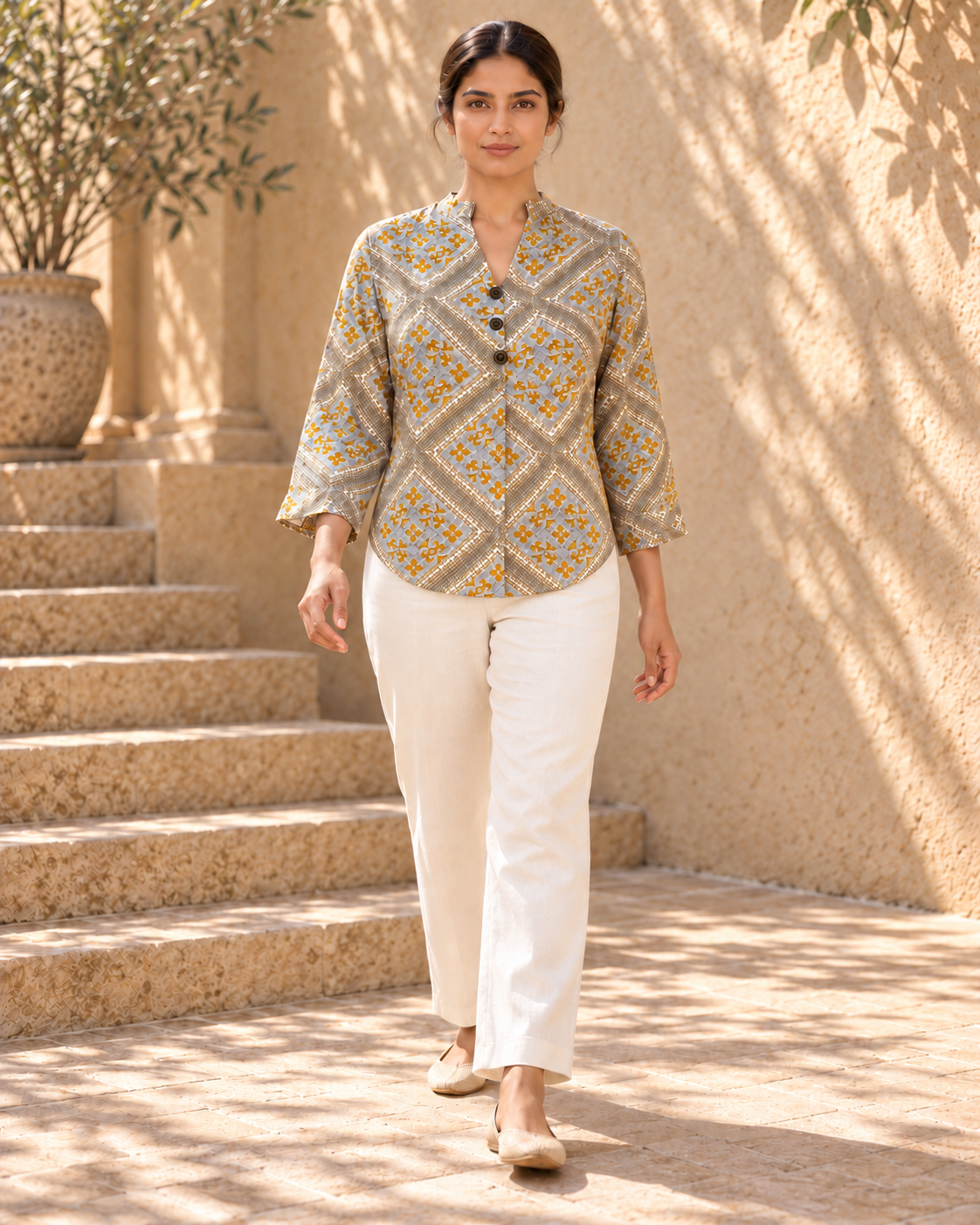 Ease Pleated Top - Ochre Mosaic