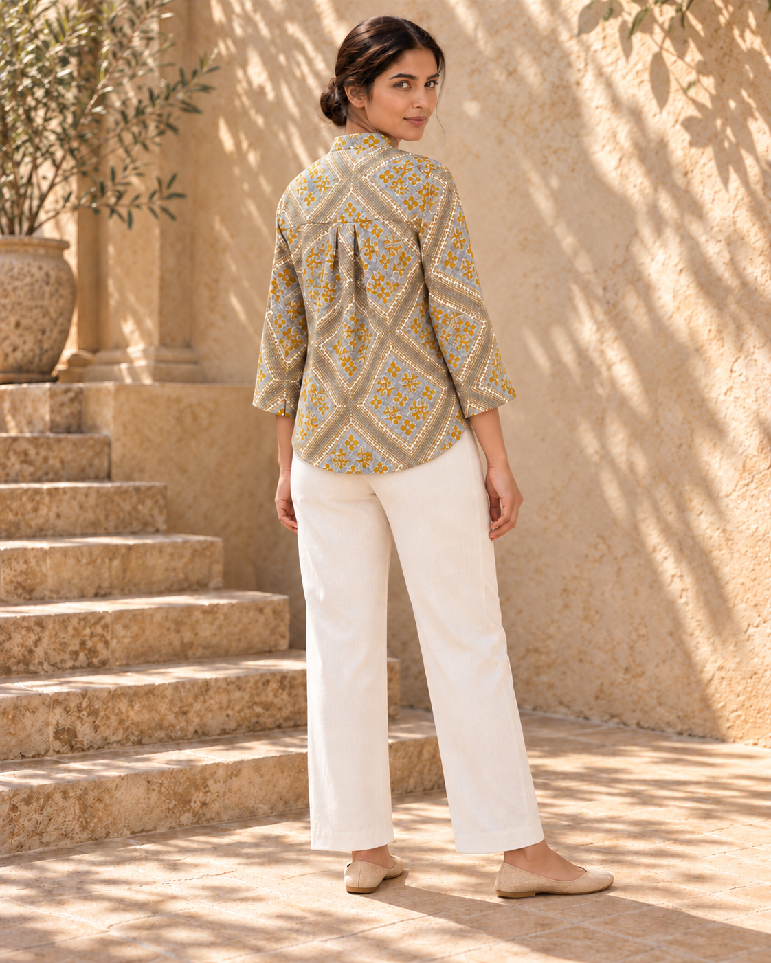 Ease Pleated Top - Ochre Mosaic