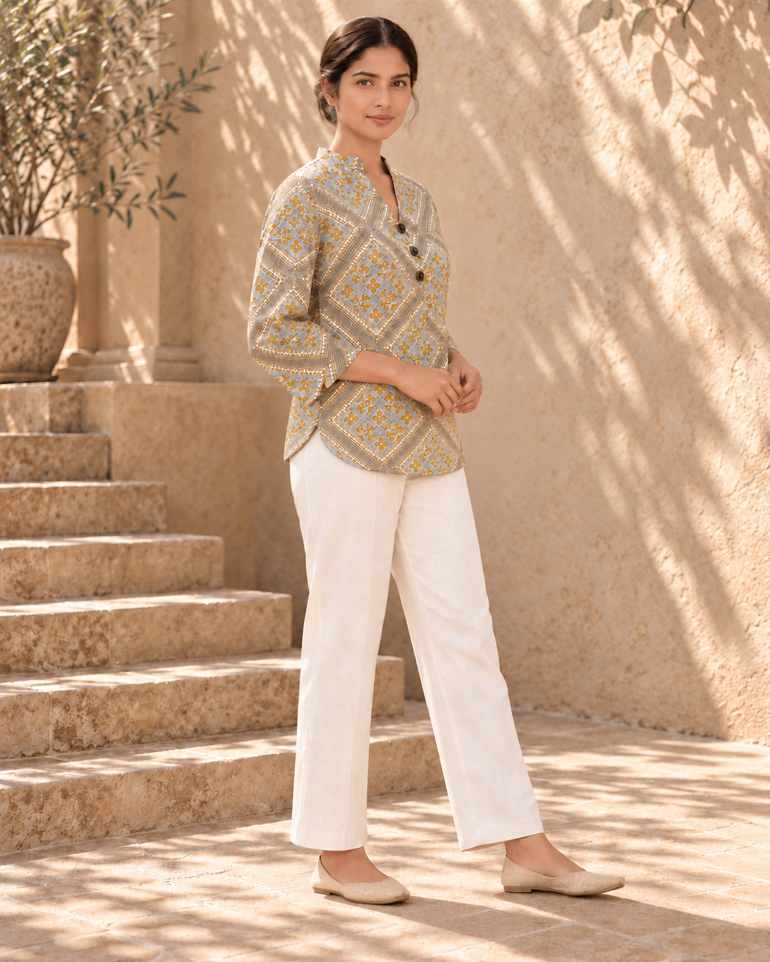 Ease Pleated Top - Ochre Mosaic
