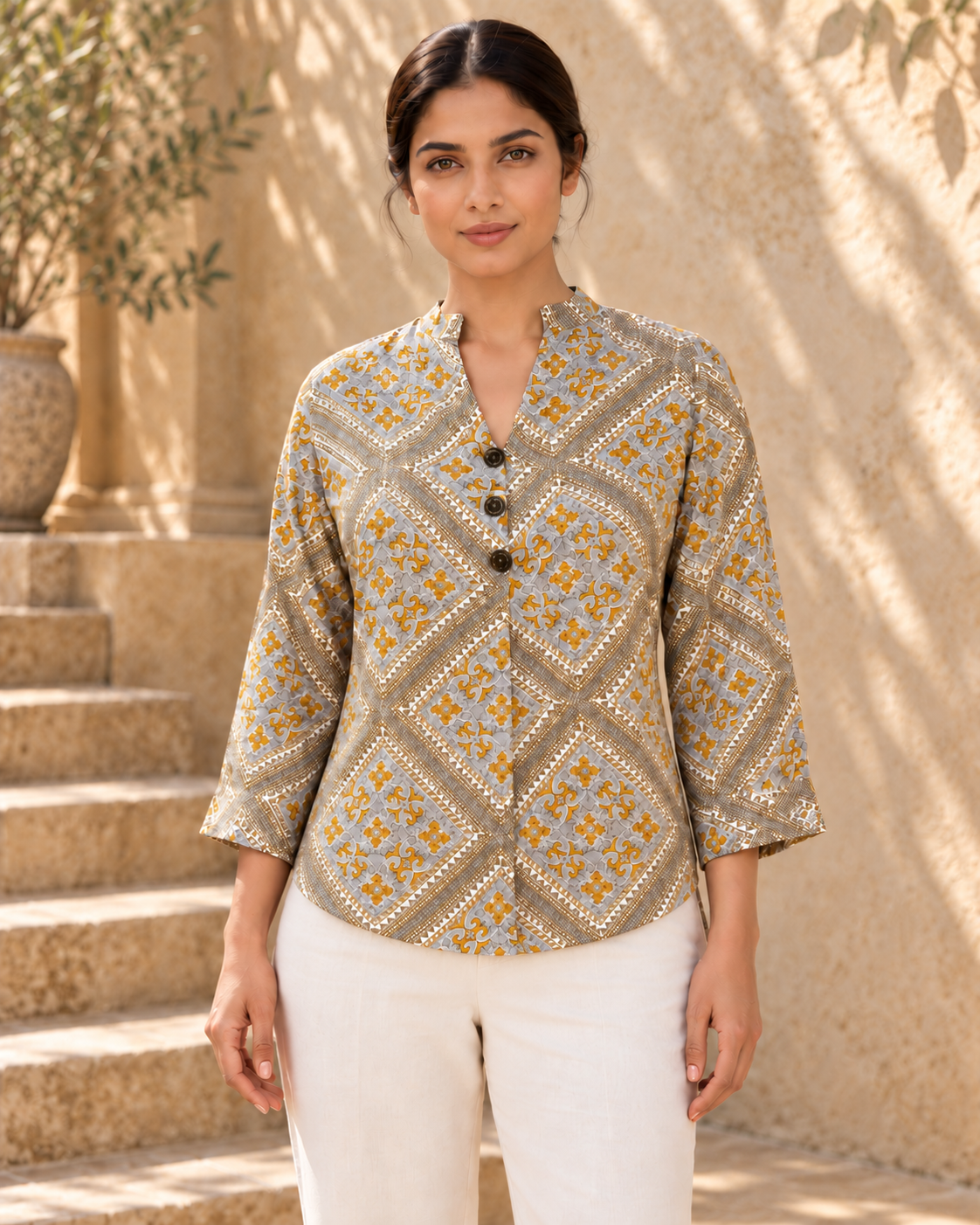 Ease Pleated Top - Ochre Mosaic
