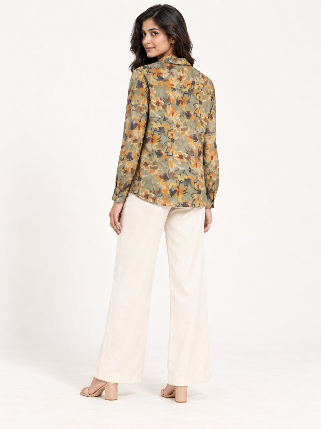 Unfurl Shirt - Olive Terrain by RuhRaaga House - side and back view