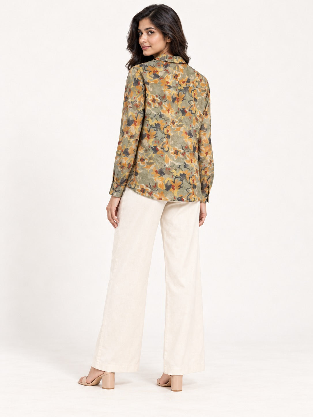 Unfurl Shirt - Olive Terrain by RuhRaaga House - side and back view