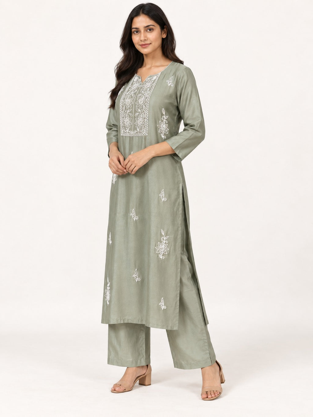 Legacy Bead Radiance Suit Set - Sage Green by RuhRaaga House - 45 degree view