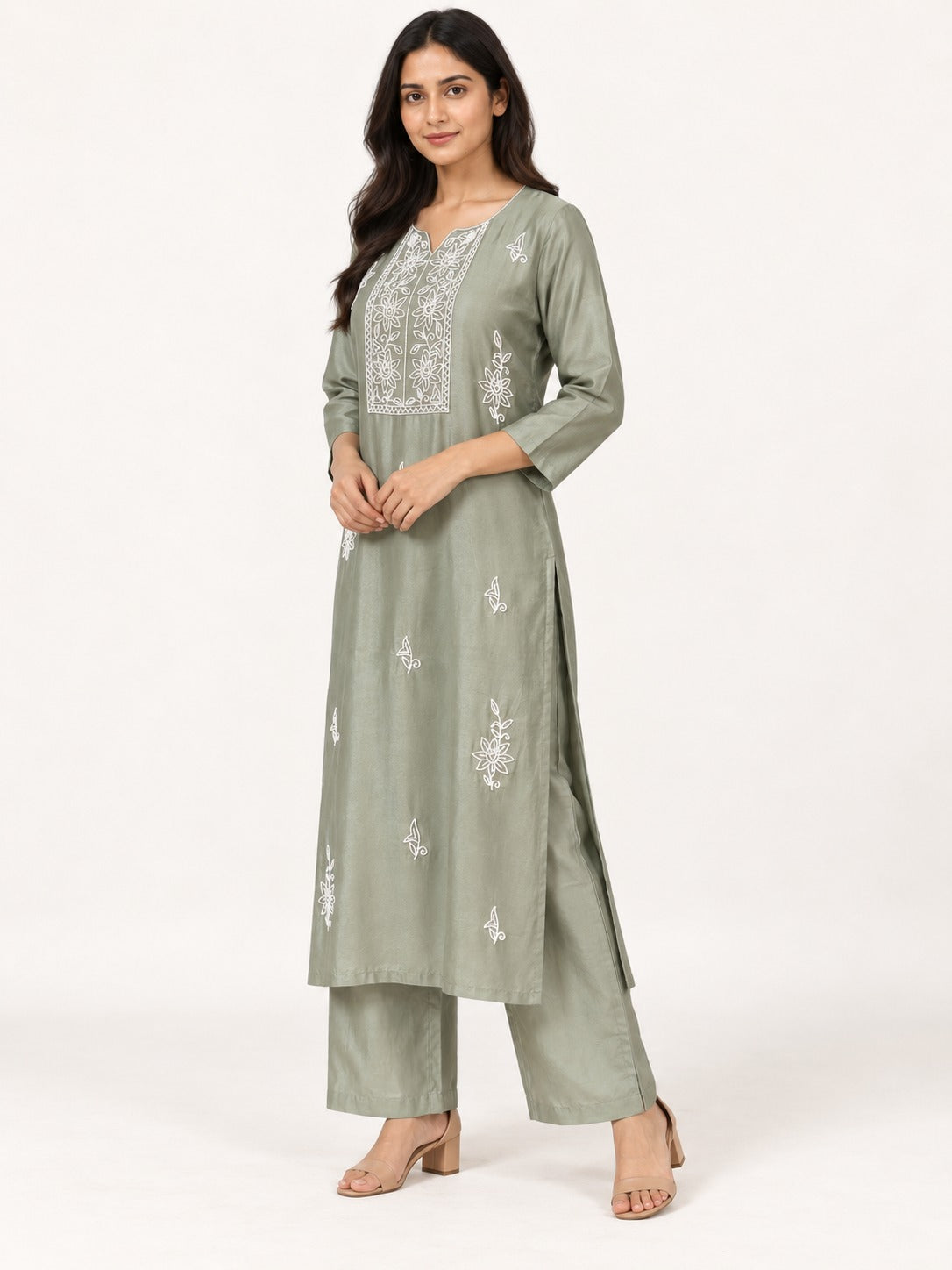 Legacy Bead Radiance Suit Set - Sage Green by RuhRaaga House - 45 degree view
