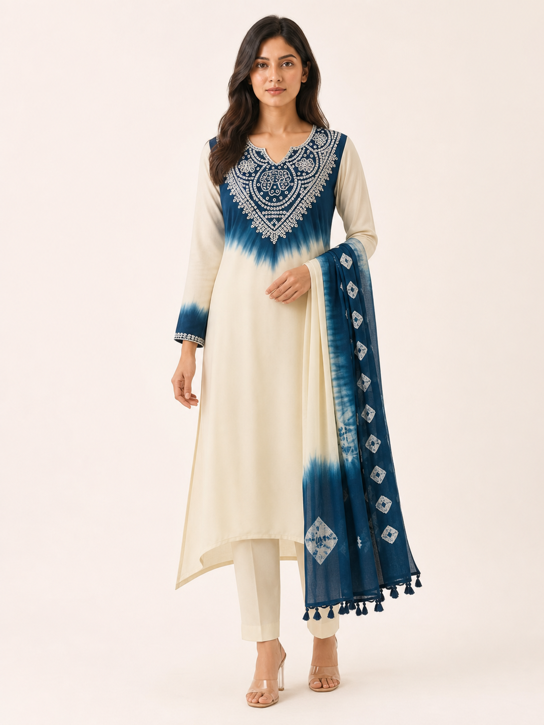 Legacy Ombre Bead Work Suit Set - Teal Tides - front view