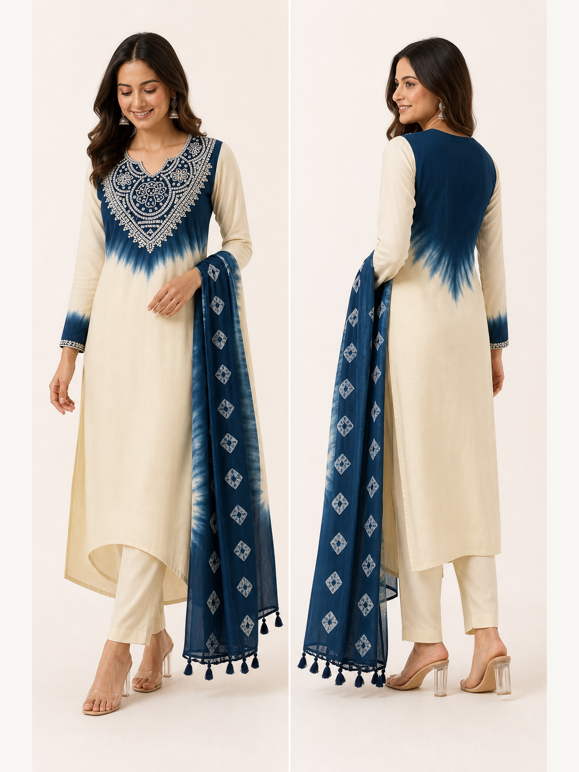Legacy Ombre Bead Work Suit Set - Teal Tides - side and back view