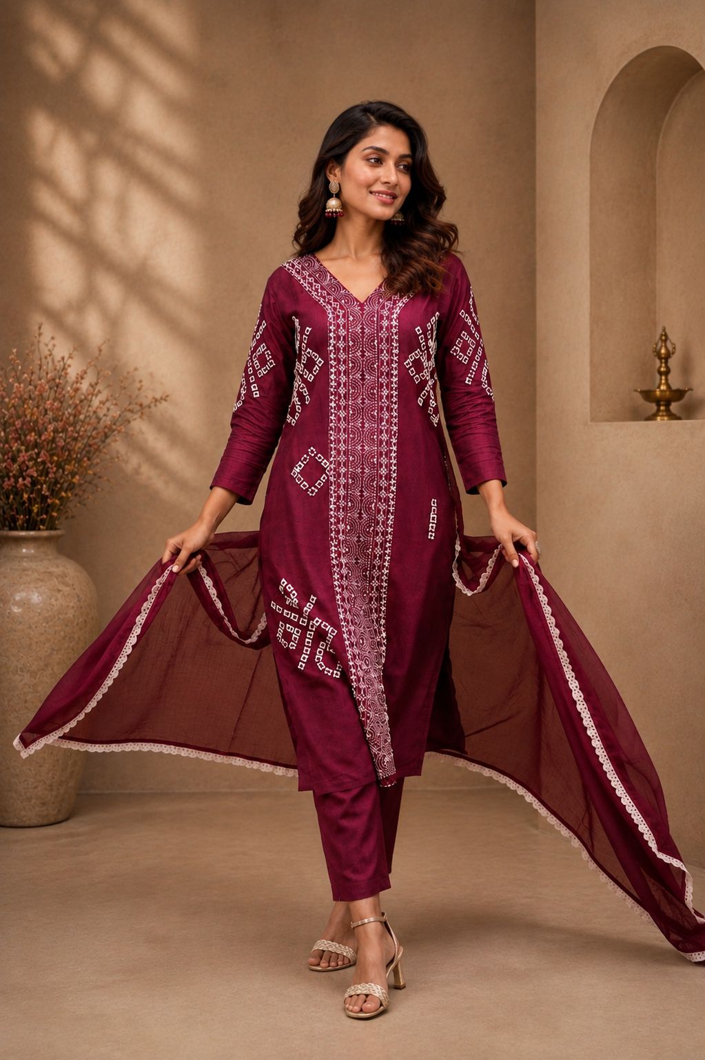 Legacy Kantha Centre Panel Suit Set - Mulberry Burgundy - view 3