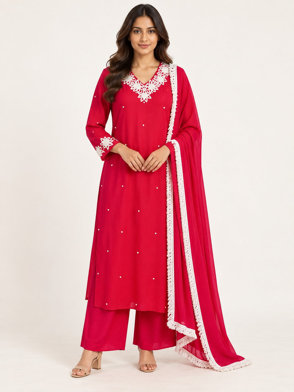 Legacy Pearl Garland Suit Set - Rani Pink by RuhRaaga House - front view