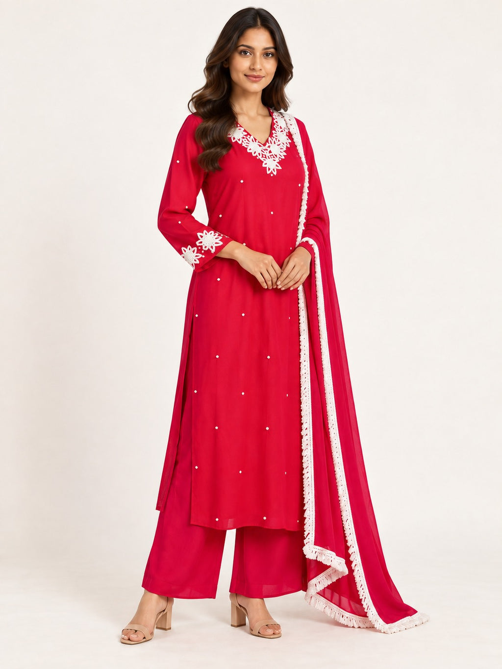 Legacy Pearl Garland Suit Set - Rani Pink by RuhRaaga House - 45 degree view