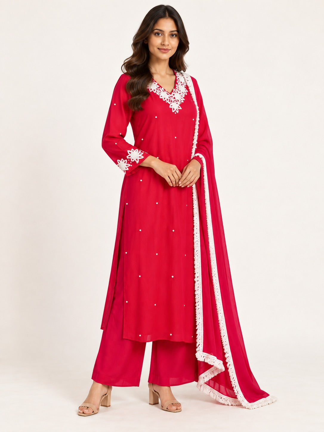 Legacy Pearl Garland Suit Set - Rani Pink by RuhRaaga House - 45 degree view