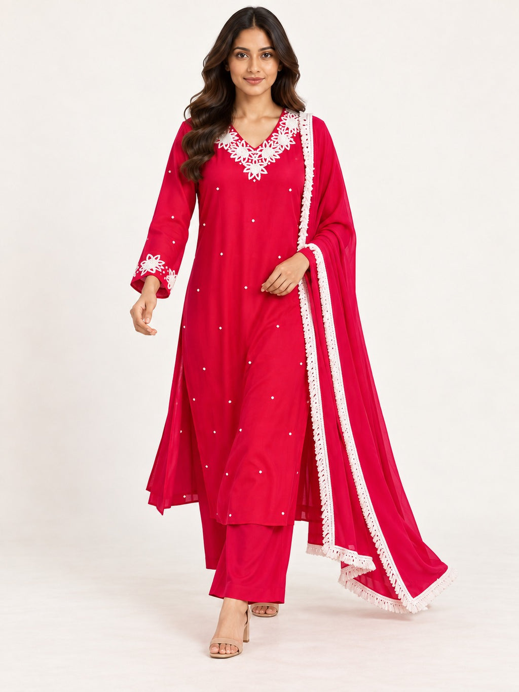 Legacy Pearl Garland Suit Set - Rani Pink by RuhRaaga House - walking view
