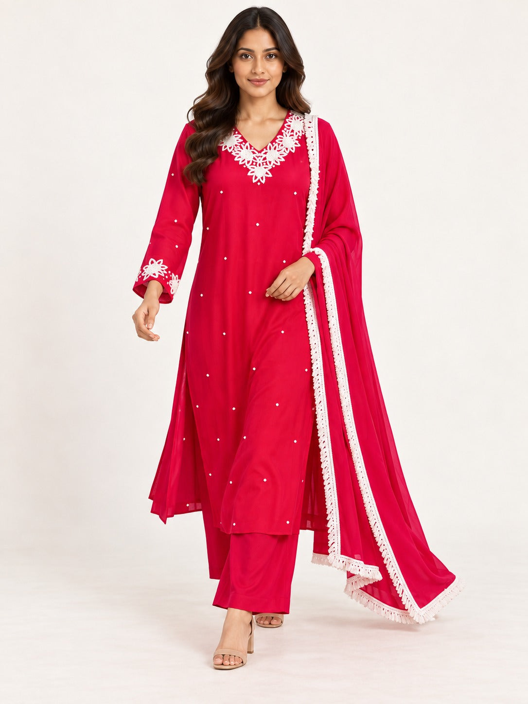 Legacy Pearl Garland Suit Set - Rani Pink by RuhRaaga House - walking view
