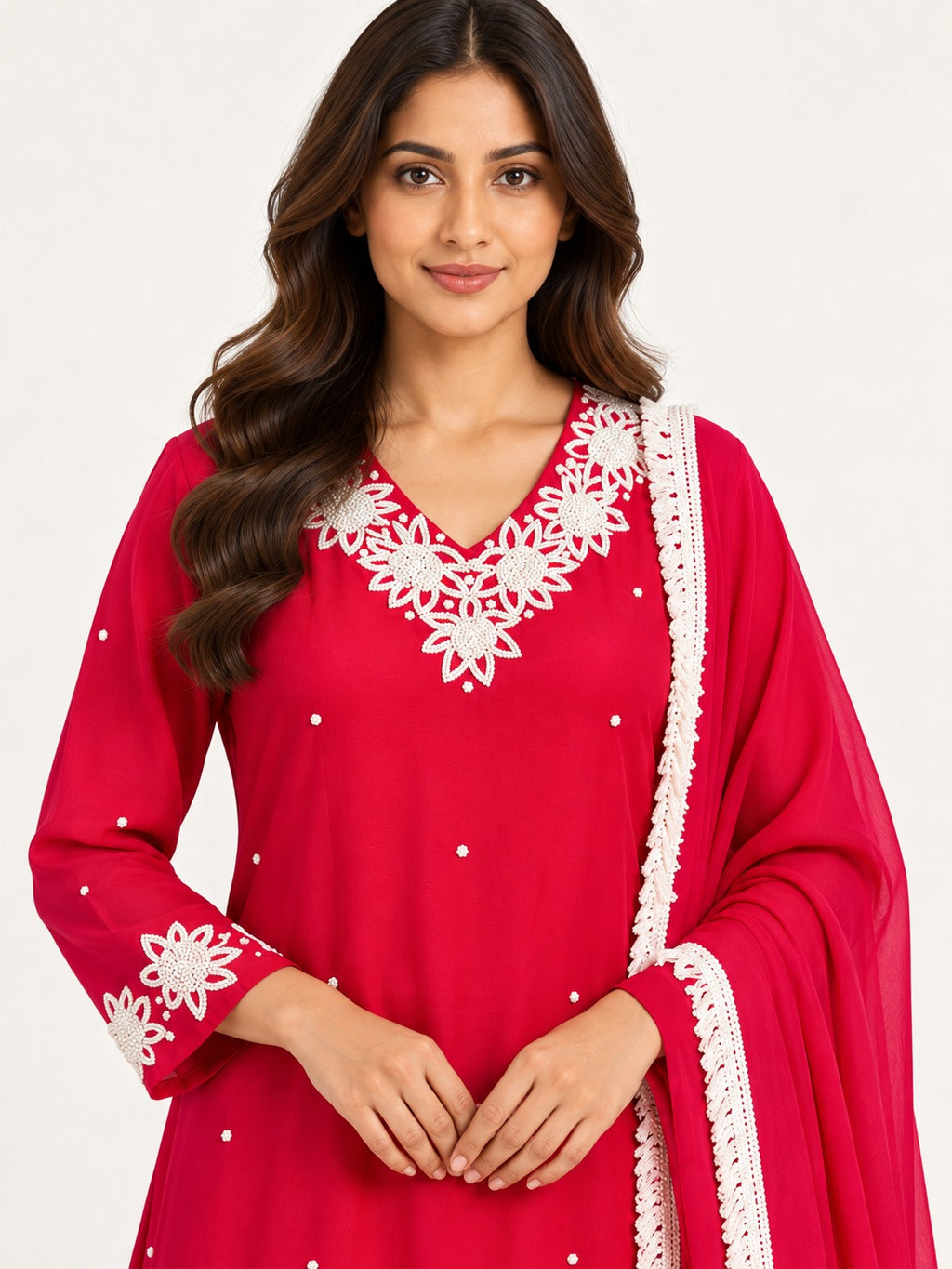 Legacy Pearl Garland Suit Set - Rani Pink by RuhRaaga House - embroidery close-up