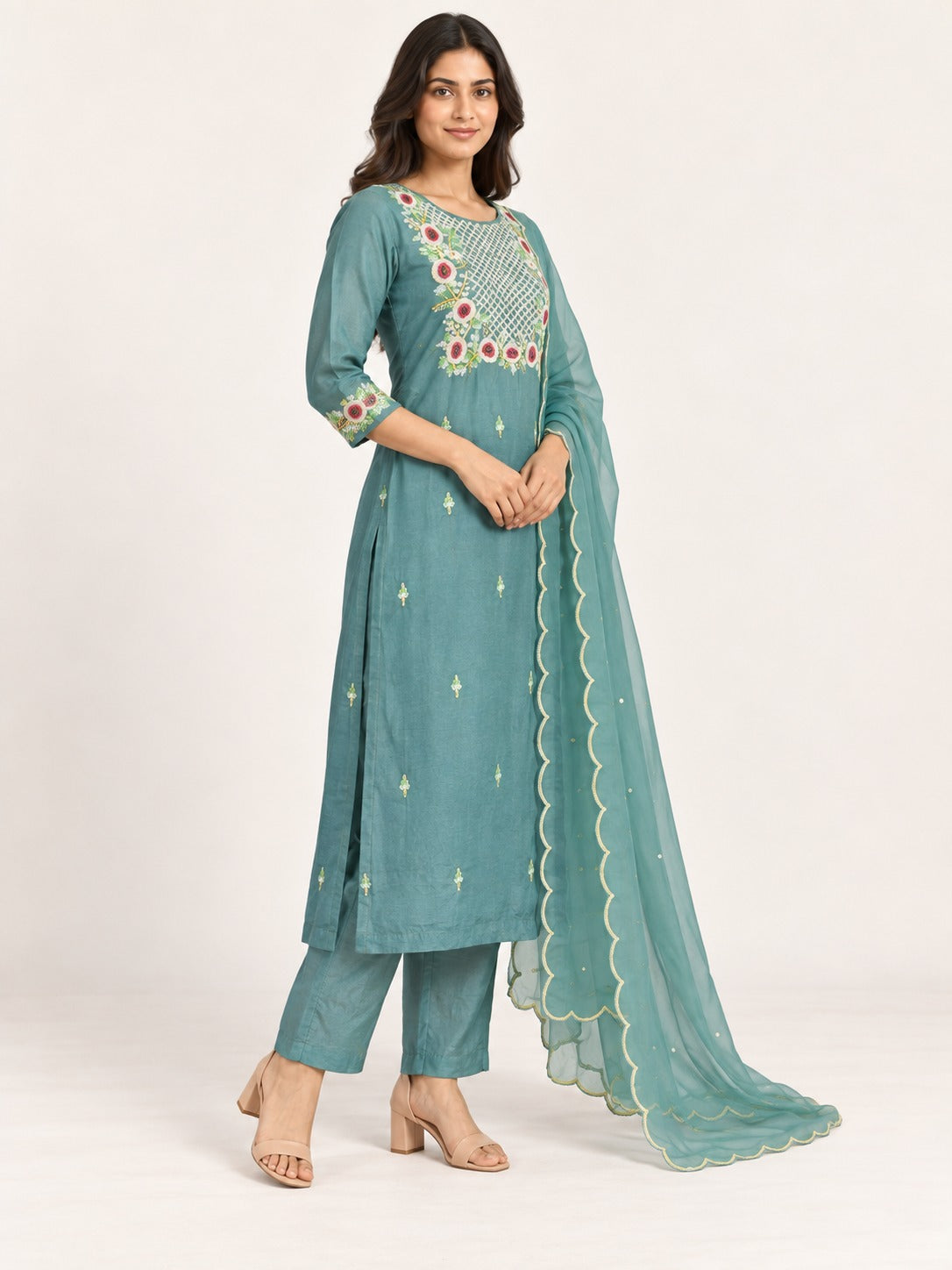 Legacy Sequin Bloom Suit Set - Aqua Green by RuhRaaga House - 45 degree view