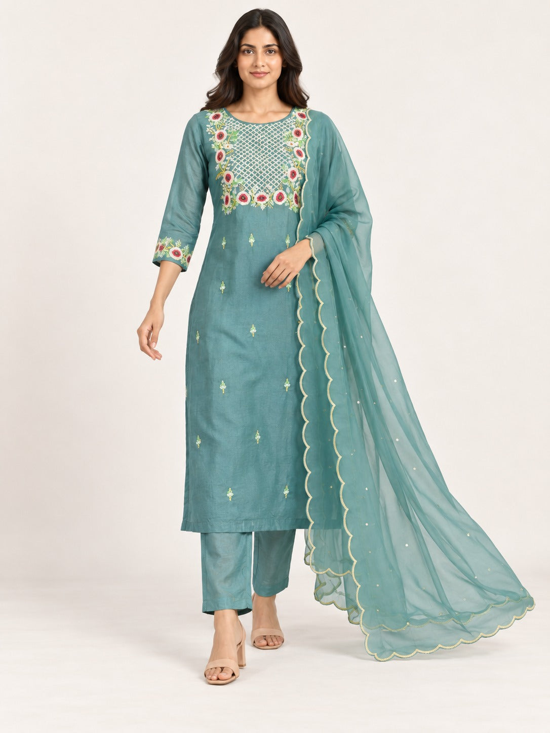 Legacy Sequin Bloom Suit Set - Aqua Green by RuhRaaga House - walking view