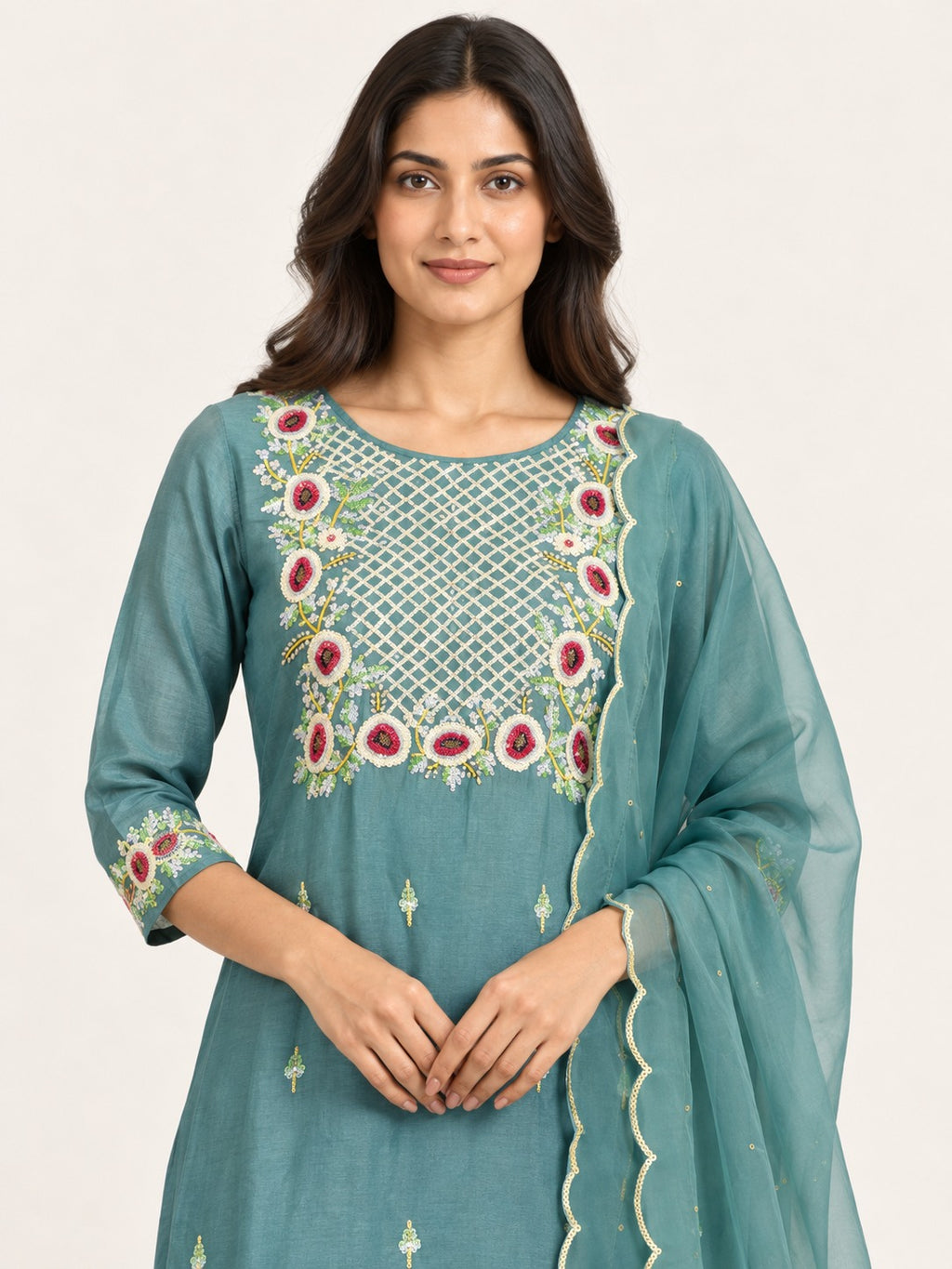 Legacy Sequin Bloom Suit Set - Aqua Green by RuhRaaga House - detail close-up