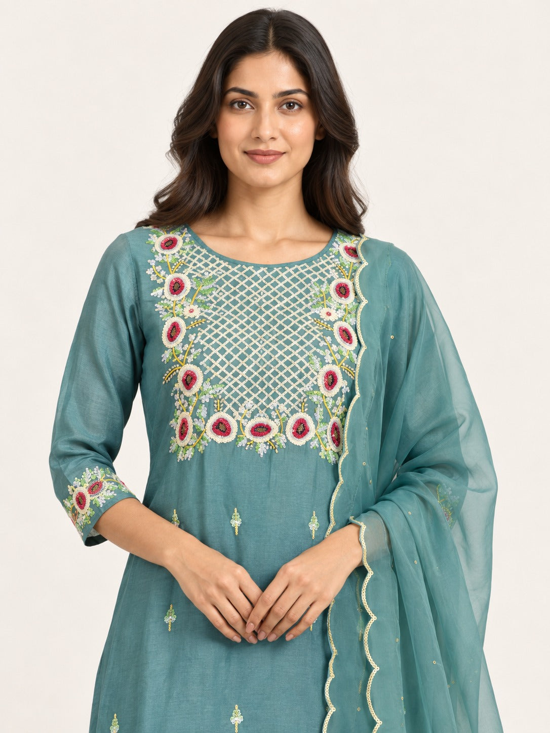 Legacy Sequin Bloom Suit Set - Aqua Green by RuhRaaga House - detail close-up