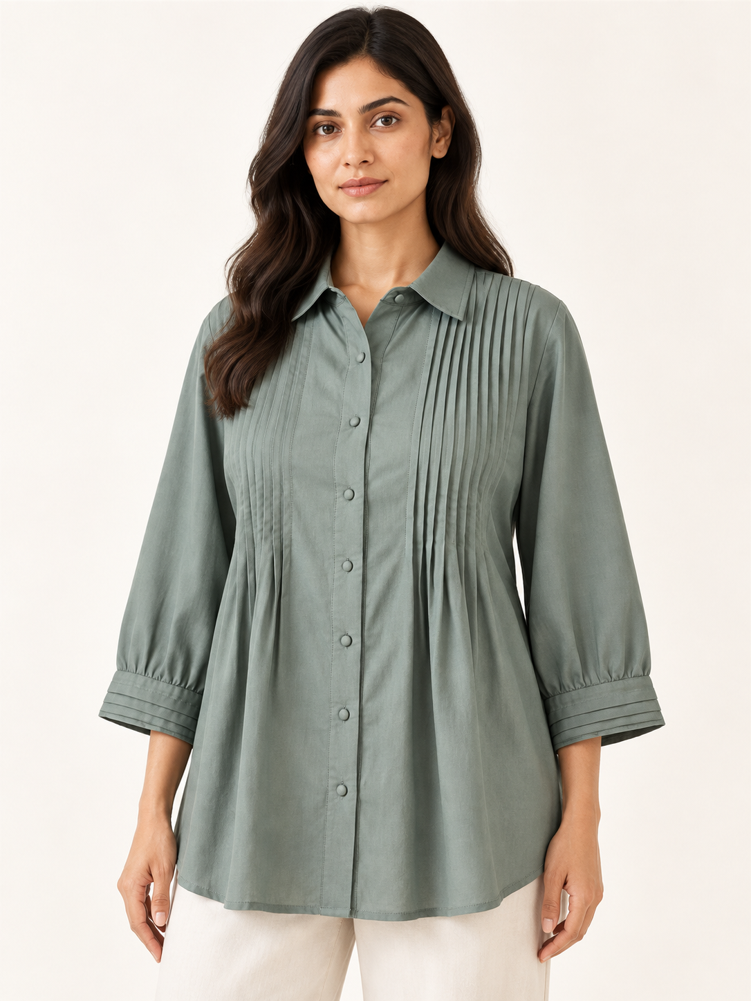 Centred Top - Moss Mist - pin-tuck and fabric close-up