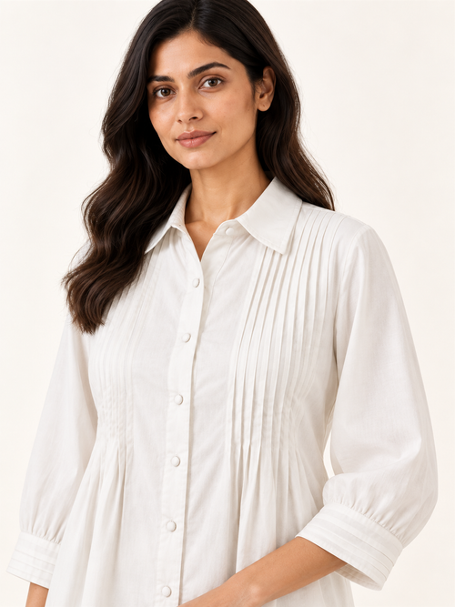 Centred Top - Pearl White - pin-tuck and fabric close-up