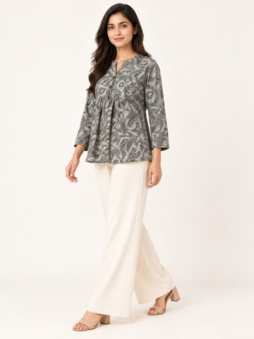 Ease Pleated Top - Charcoal Paisley by RuhRaaga House - 45 degree view