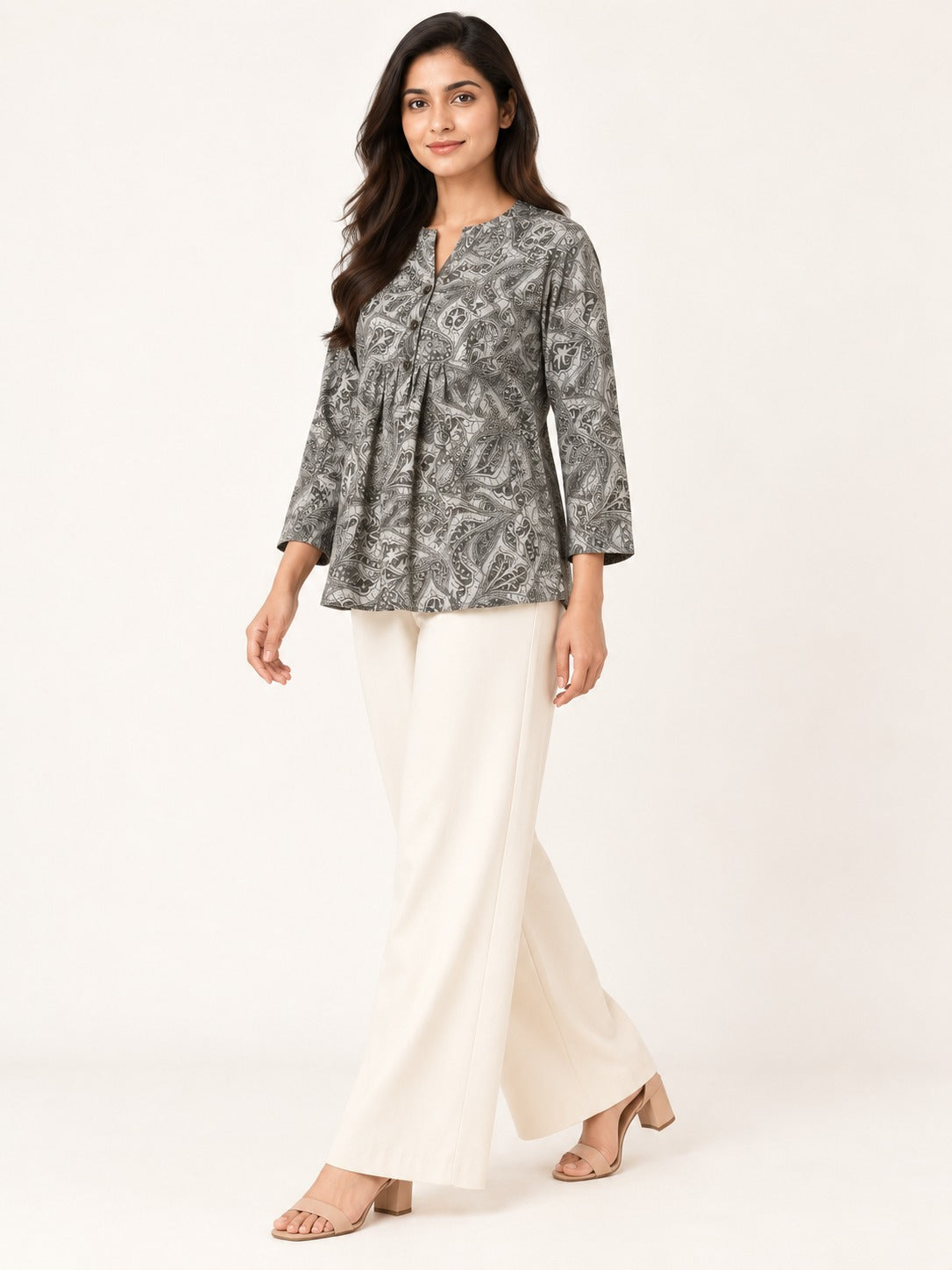 Ease Pleated Top - Charcoal Paisley by RuhRaaga House - 45 degree view