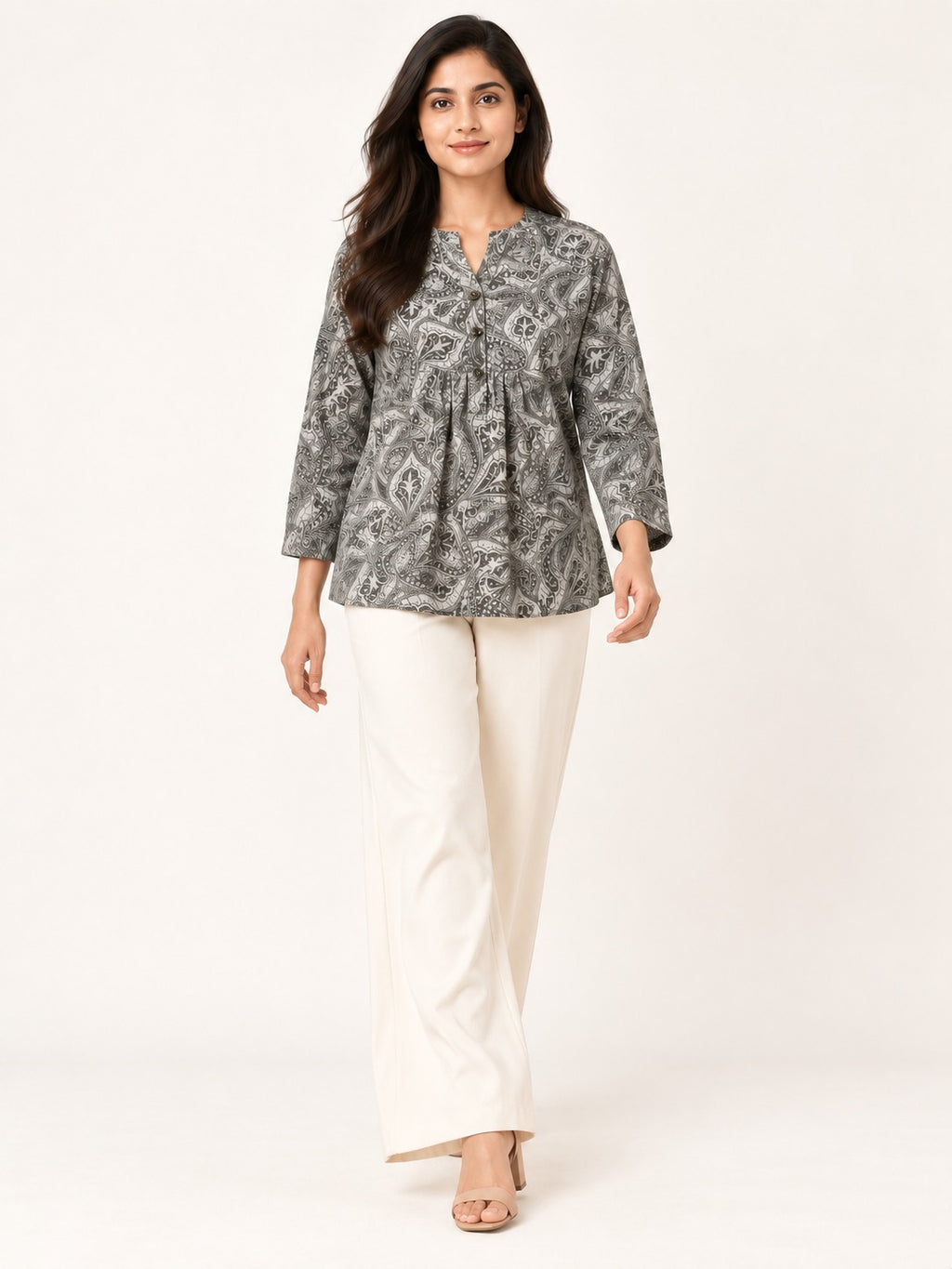 Ease Pleated Top - Charcoal Paisley by RuhRaaga House - walking view