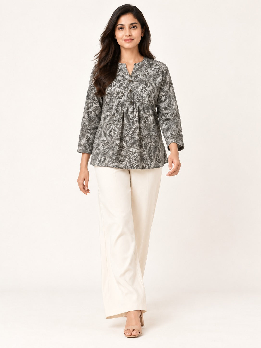 Ease Pleated Top - Charcoal Paisley by RuhRaaga House - walking view