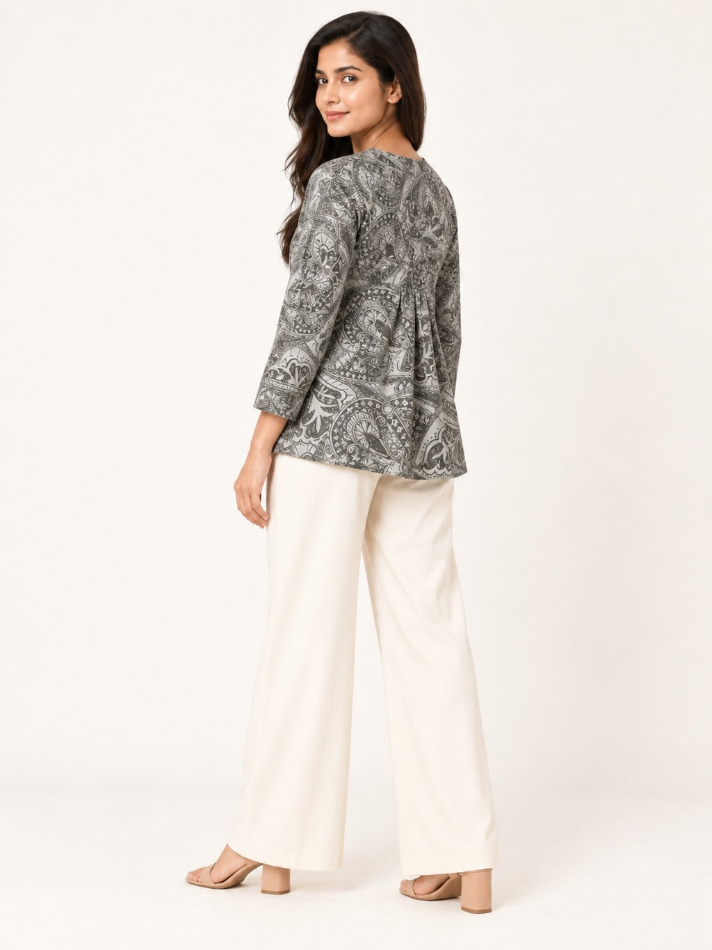 Ease Pleated Top - Charcoal Paisley by RuhRaaga House - side and back view