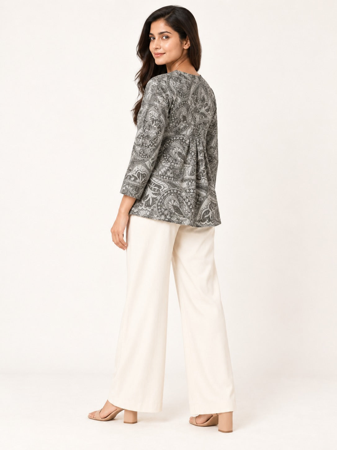 Ease Pleated Top - Charcoal Paisley by RuhRaaga House - side and back view