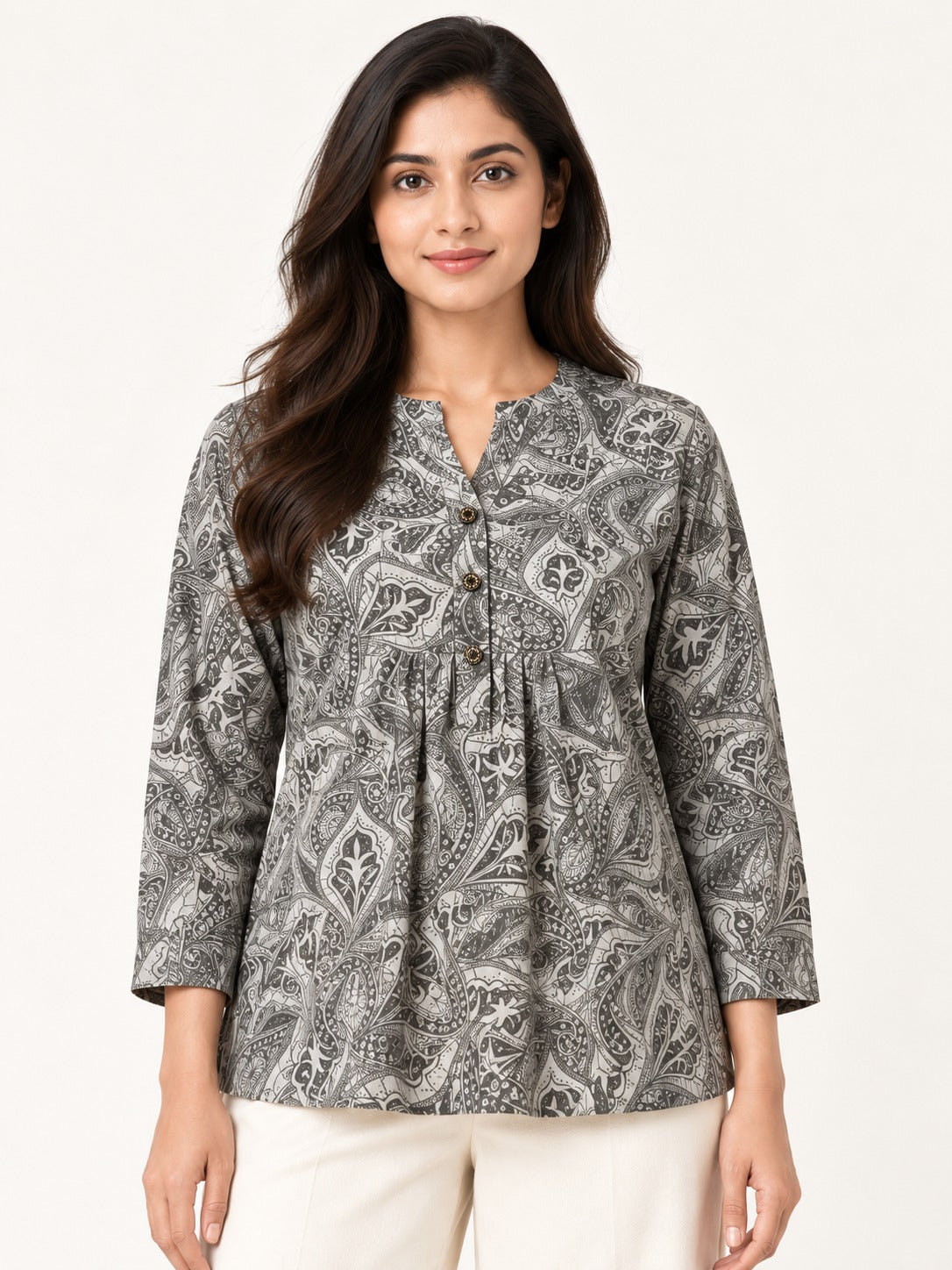 Ease Pleated Top - Charcoal Paisley by RuhRaaga House - detail close-up