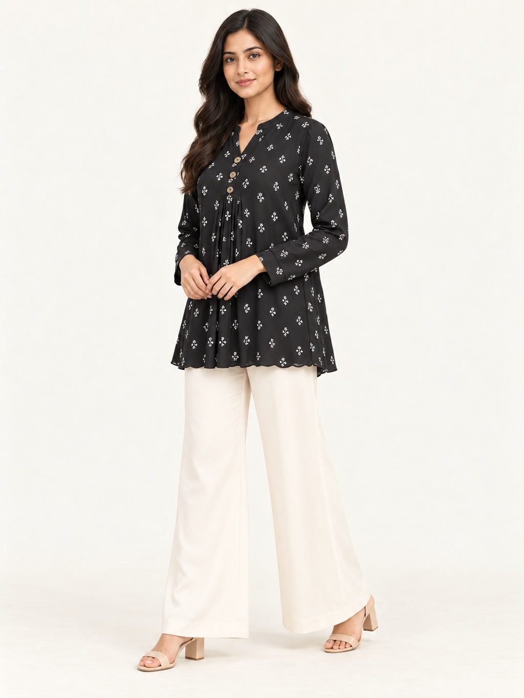 Ease Pleated Top - Midnight Bloom by RuhRaaga House - 45 degree view