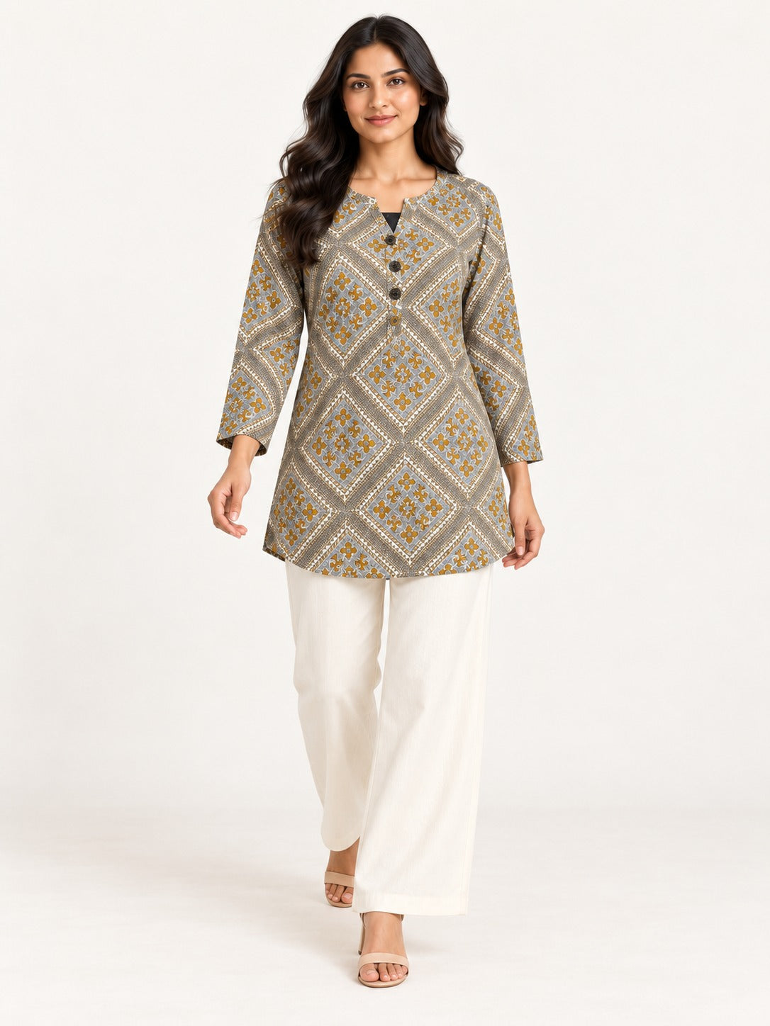Ease Pleated Top - Ochre Mosaic by RuhRaaga House - 45 degree view
