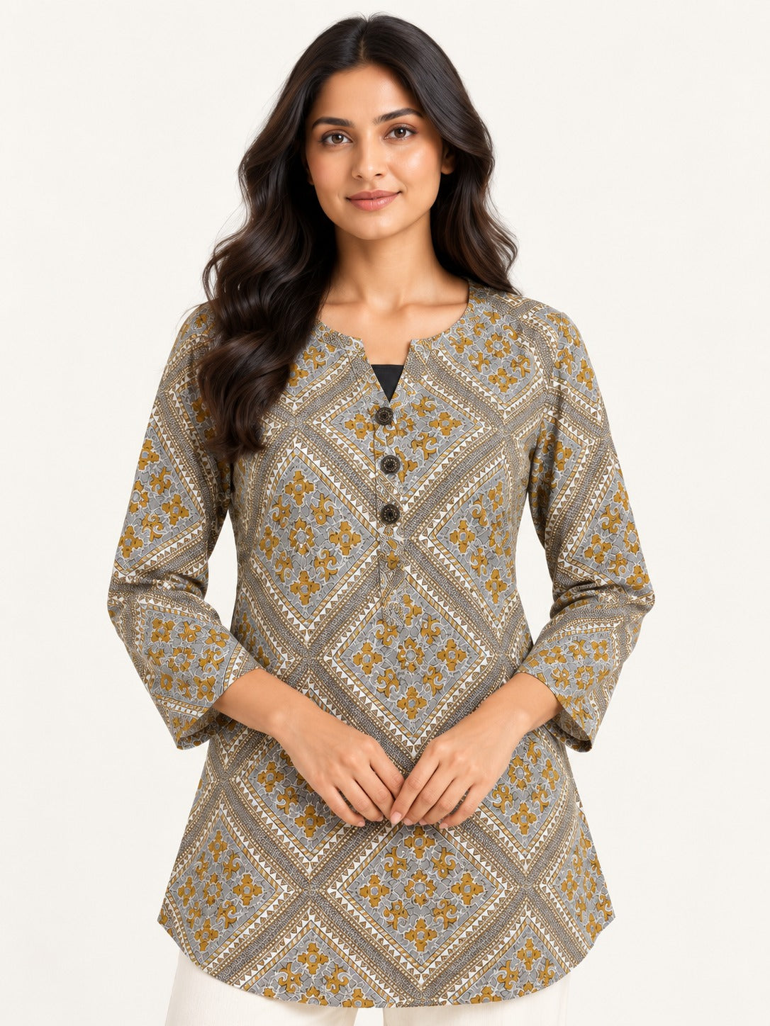 Ease Pleated Top - Ochre Mosaic by RuhRaaga House - side and back view
