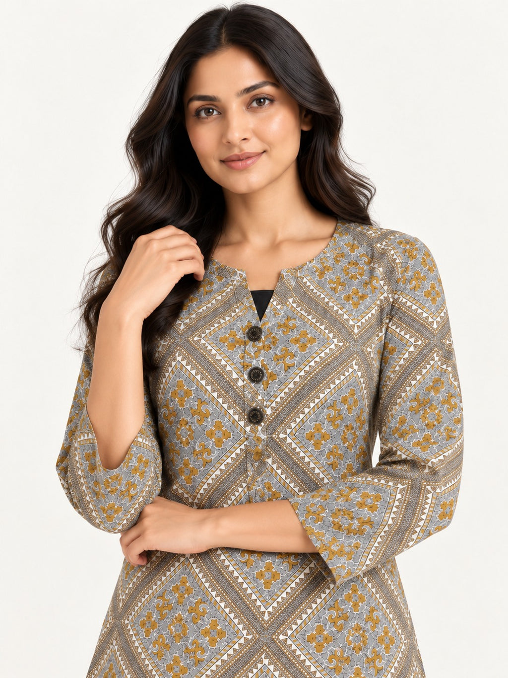 Ease Pleated Top - Ochre Mosaic by RuhRaaga House - detail close-up