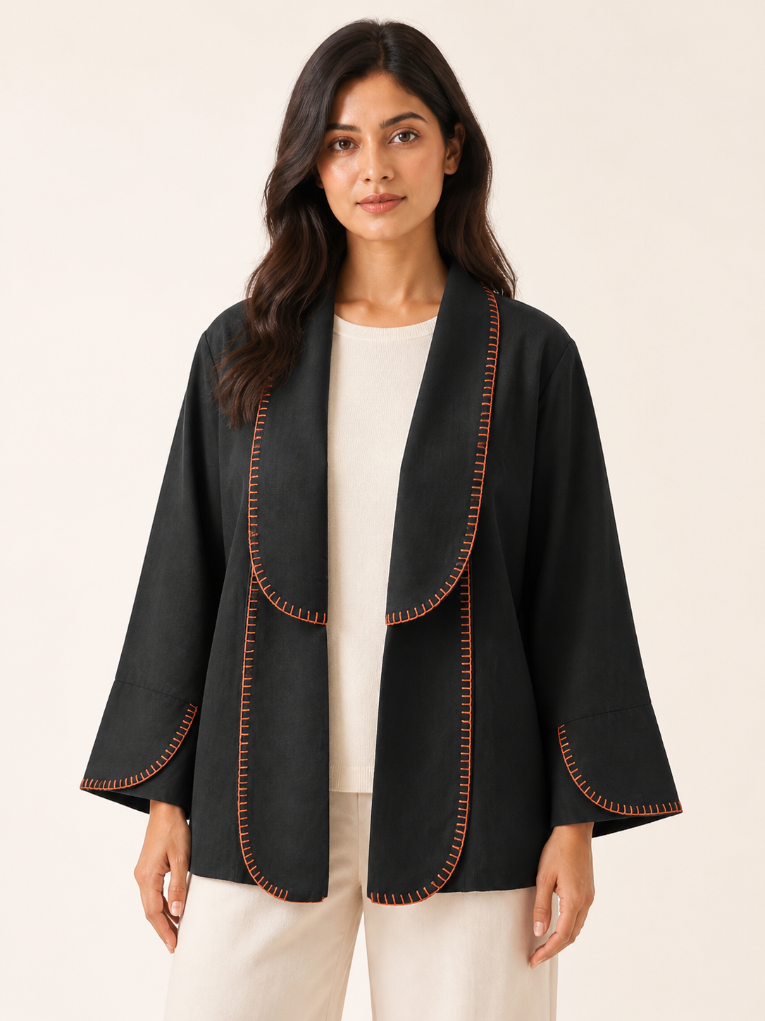 Sway Handcrafted Jacket - Onyx / Warm Coral - handwork close-up