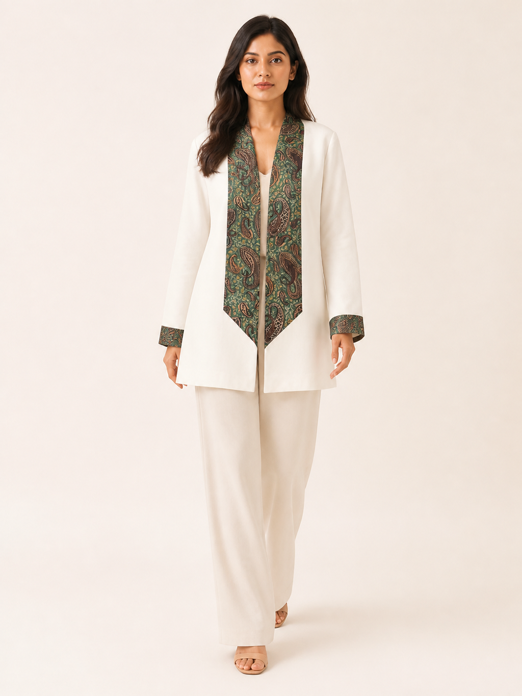 Embrace Longline Jacket - Ivory Emerald - walking view