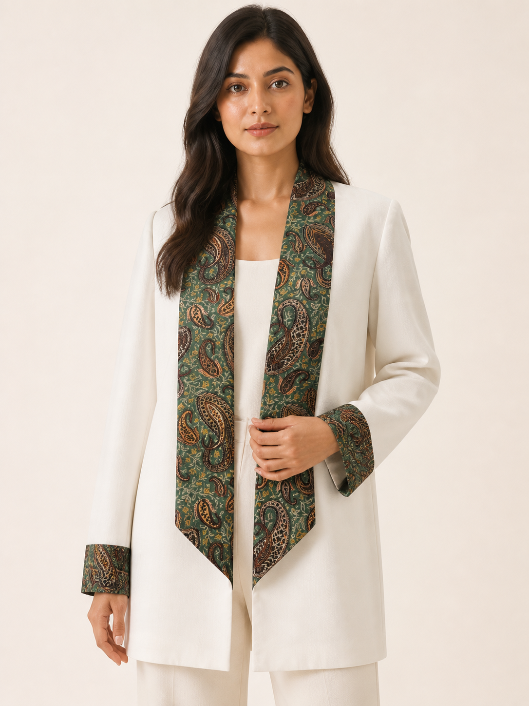 Embrace Longline Jacket - Ivory Emerald - embroidery close-up