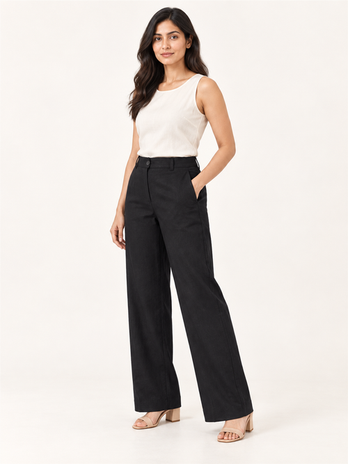 Composure Linen Blend Trousers - Black Onyx - three-quarter view