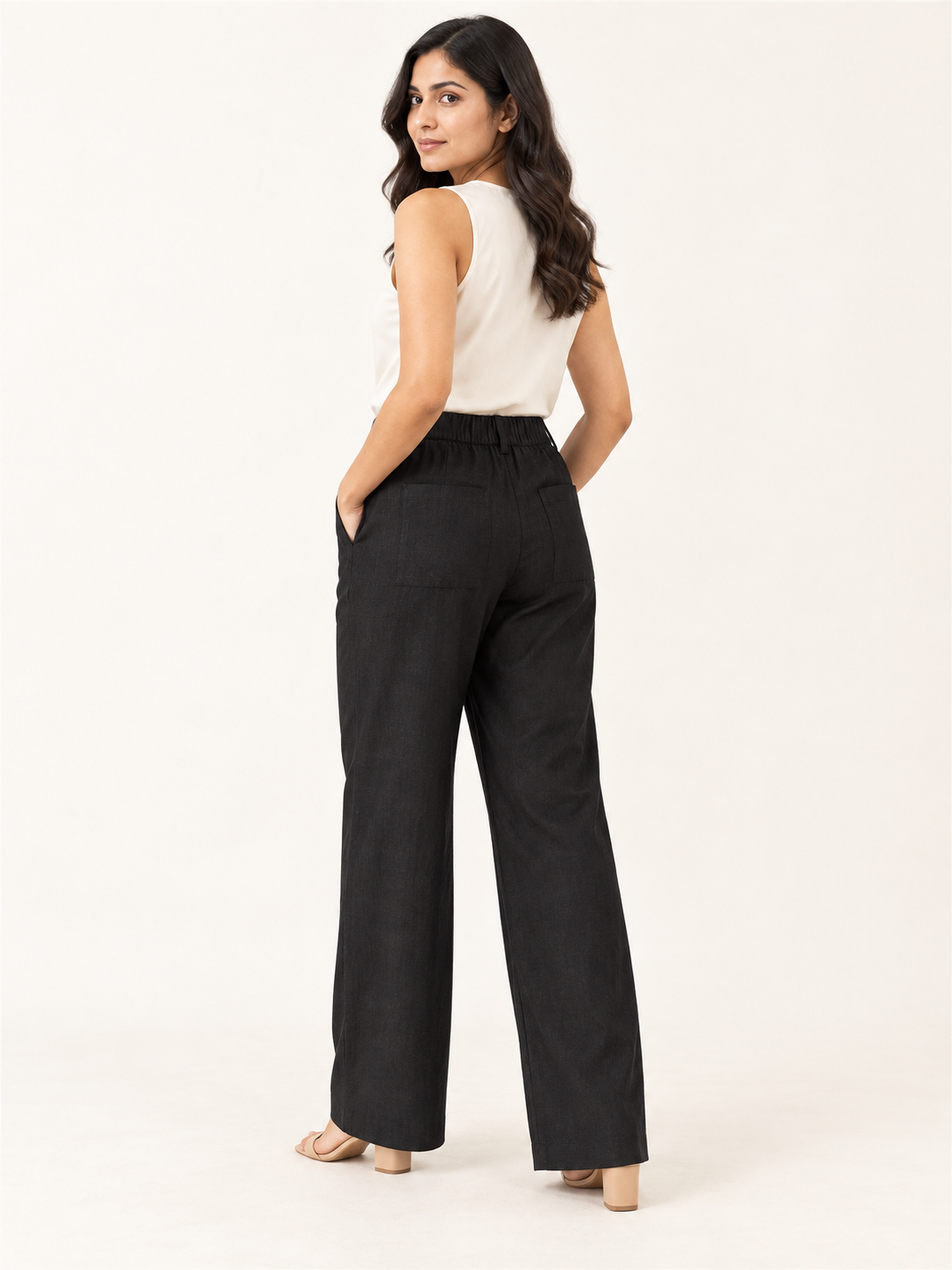 Composure Linen Blend Trousers - Black Onyx - side and back view