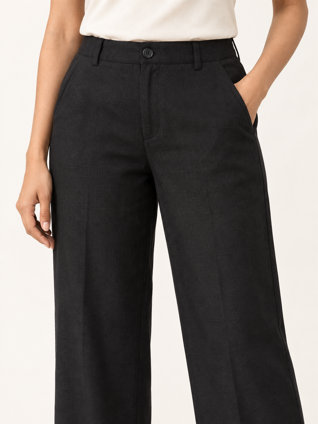 Composure Linen Blend Trousers - Black Onyx - fabric and stitching close-up