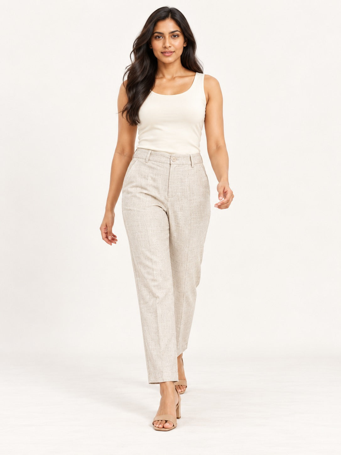 Linen Sand Tailored Trousers by RuhRaaga House - walking view