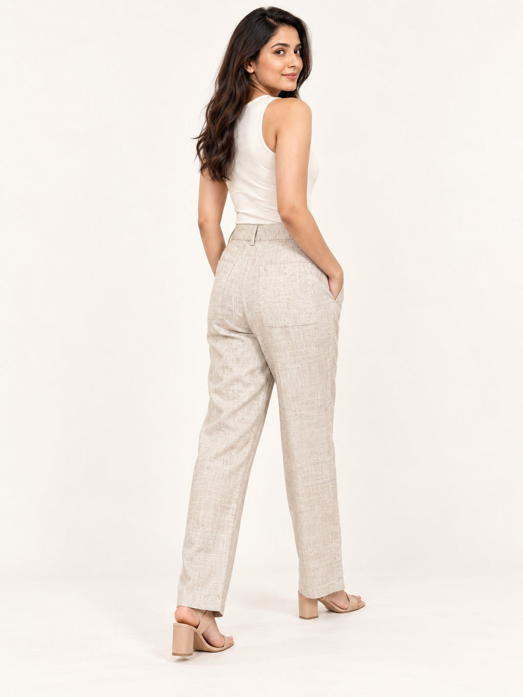Linen Sand Tailored Trousers by RuhRaaga House - side and back view