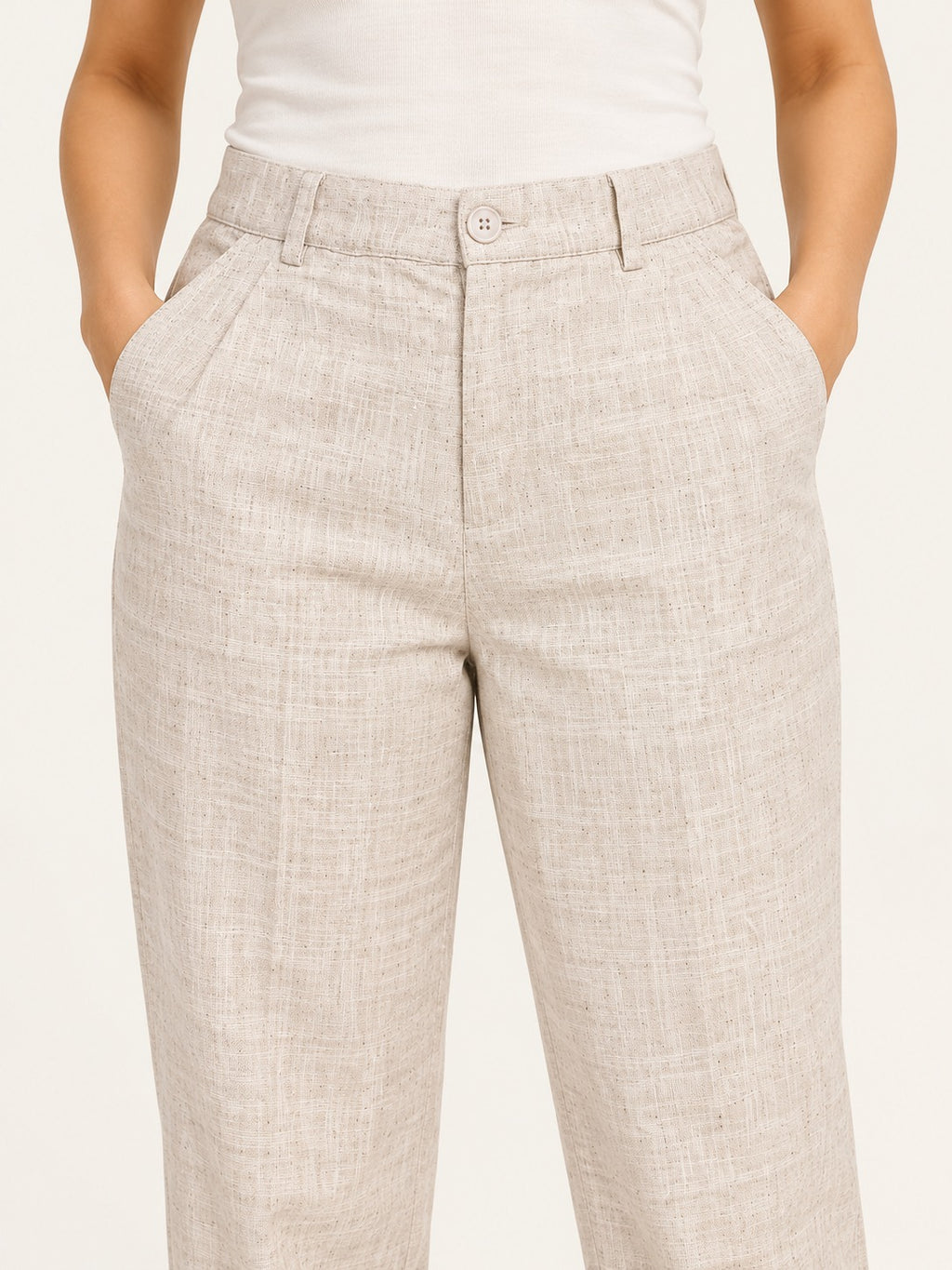 Linen Sand Tailored Trousers by RuhRaaga House - detail close-up