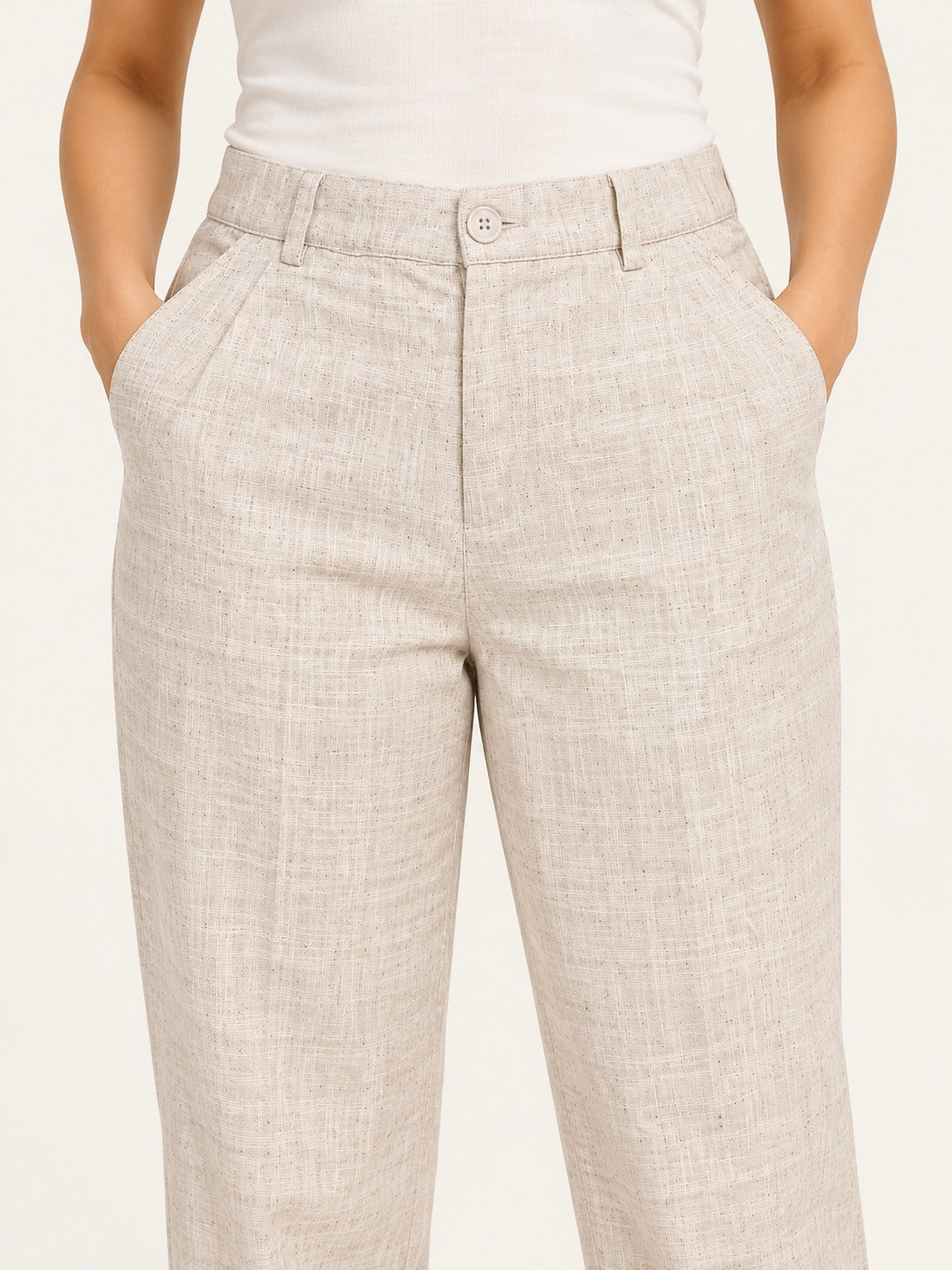 Linen Sand Tailored Trousers by RuhRaaga House - detail close-up
