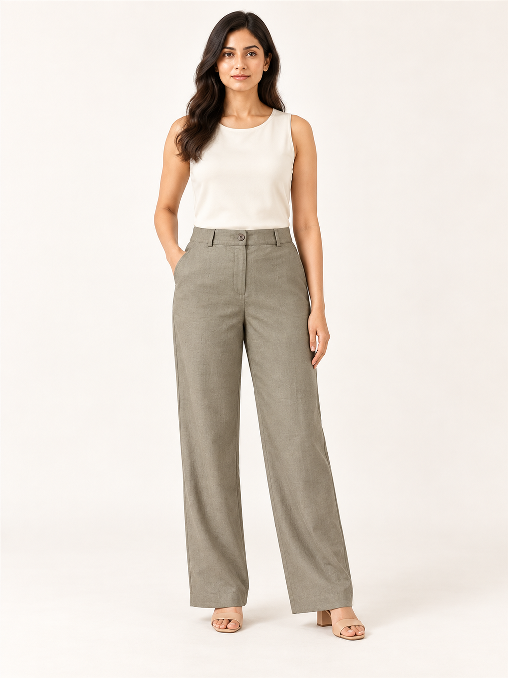 Composure Linen Blend Trousers - Sage Stone - front view