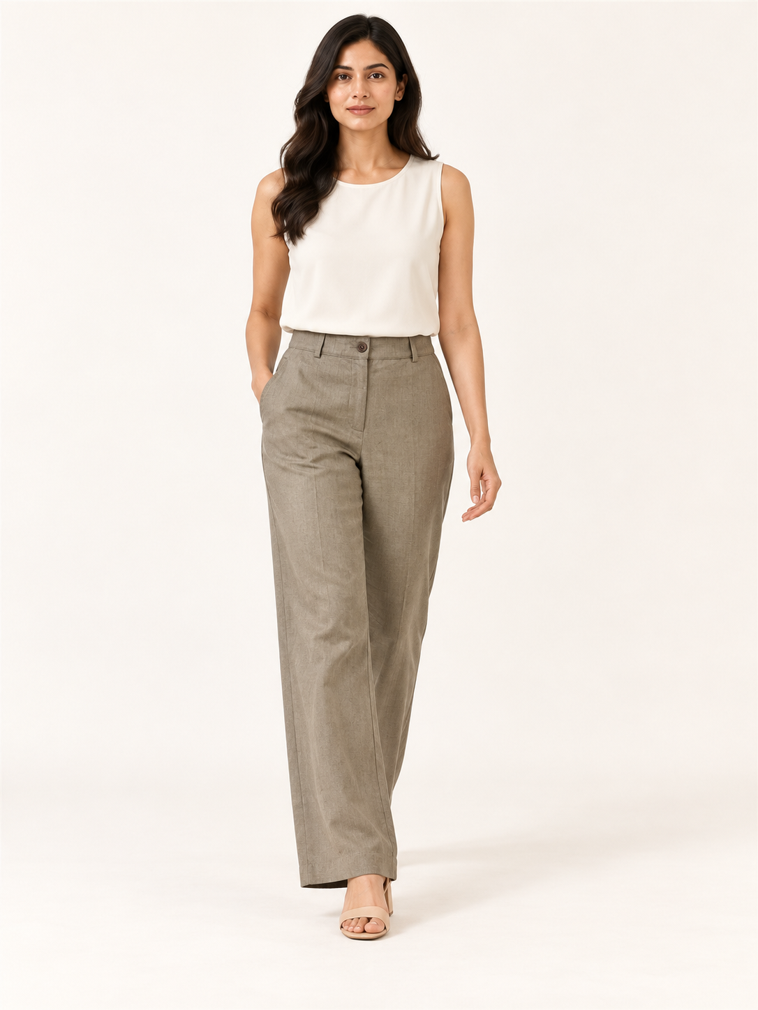 Composure Linen Blend Trousers - Sage Stone - walking view