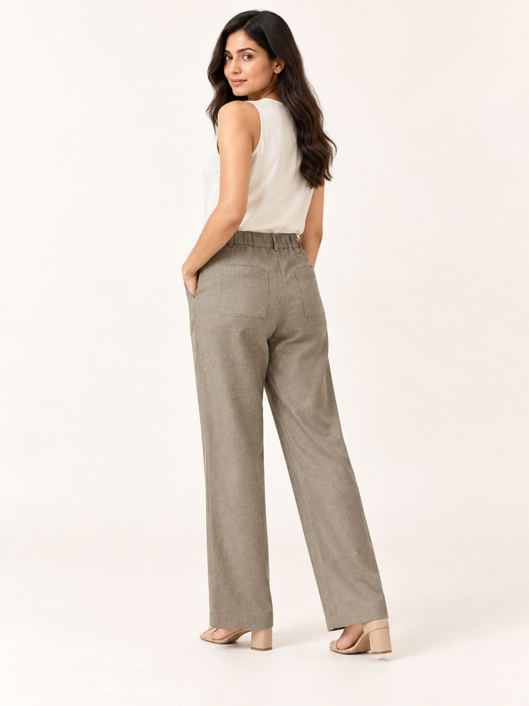 Composure Linen Blend Trousers - Sage Stone - side and back view